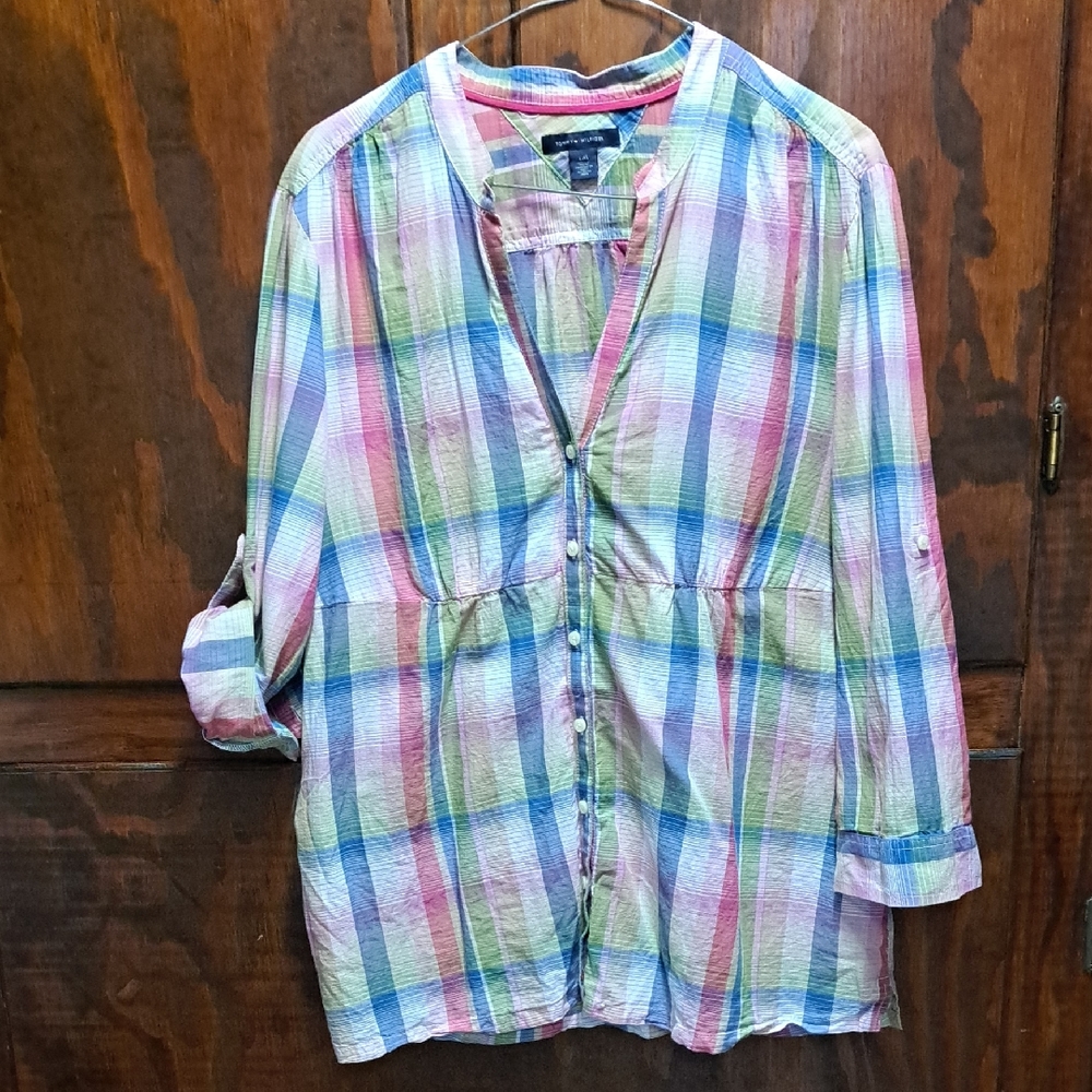 Tommy Hilfiger Pink, Blue, Green Plaid Button Down Shirt with V neck Size L